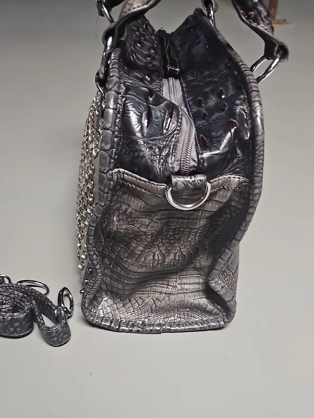 Grey Croc Leatherette Crystal Srud Silver Satchel Purse Bag Crossbody EUC